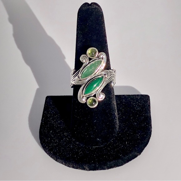 [vintage] Ornate .925 Sterling Silver Peridot, Prehnite & Malachite Ring Size 8 - Picture 2 of 16